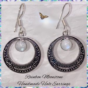 Exquisite Rainbow Moonstone Gemstone Handmade Halo Earrings